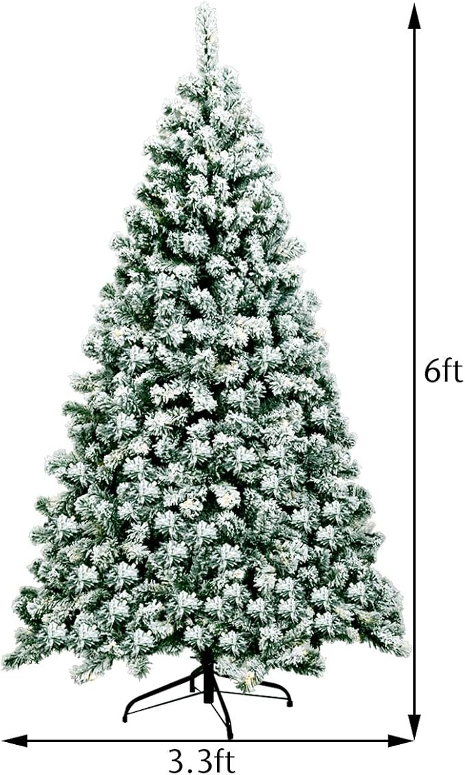 Happygrill 6FT Pre-lit Artificial Hinged Christmas Pine Tree Snow Flocked Christmas Tree with Solid Metal Stand Flexible Branches Traditional Festival Decoration Tree