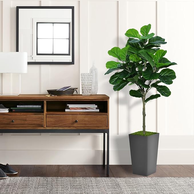 Fiddle Leaf Fig Tree Artificial 5FT - Faux Fiddle Leaf Fig Tree with Gray Tall Planter - Fake Ficus Lyrata Floor Plant Potted - Artificial Fig Tree for Home Office Living Room Decor Indoor