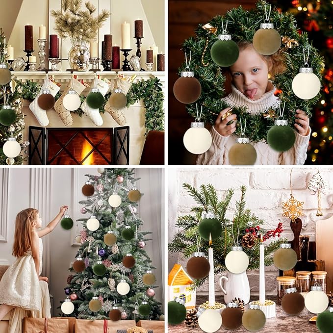 YUJUN 12 PCS Christmas Large Velvet Balls Ornaments 3.14In Shatterproof White Green Tree Hanging Plastic Ball Set Xmas Bulk Flocked Ornaments for Christmas Tree Home Party Wreath Decorations