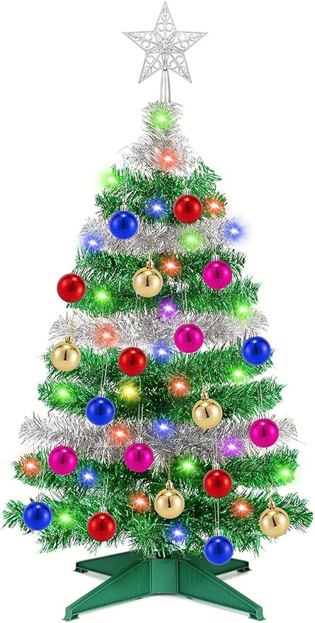 [ 12 Modes & Timer ] 3 Ft Green & Silver Small Christmas Tree with 50 LED Lights, 20 DIY Ornaments, Battery Operated Prelit Christmas Tree Indoor Home Fireplace Holiday Xmas Christmas Decorations