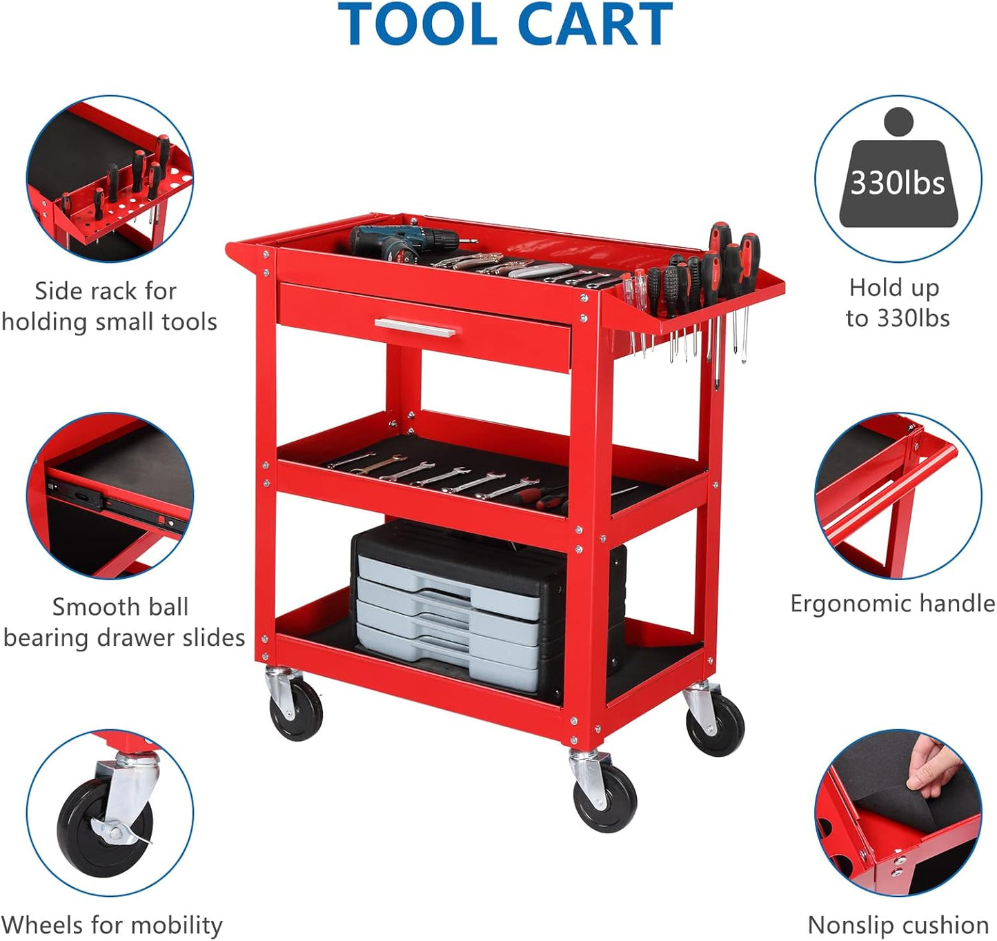 TUFFIOM 3 Tier Rolling Tool Cart with Drawer, Tool Service Cart on Wheels w/2 Brake, 330 LBS Capacity Industrial Heavy Duty Utility Cart, Tool Organizer for Mechanic, Garage, Warehouse & Repair Shop