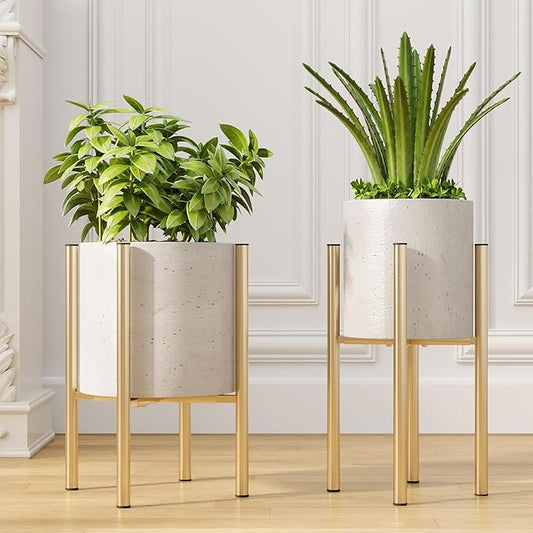 Adjustable Metal Plant Stand Indoor, Mid Century Modern Outdoor Planter Holder for 8 to 14 Inch Pots, Heavy Duty 160 LB Load, Corner Floor Stand for Home Garden Decor Golden 2 Pack