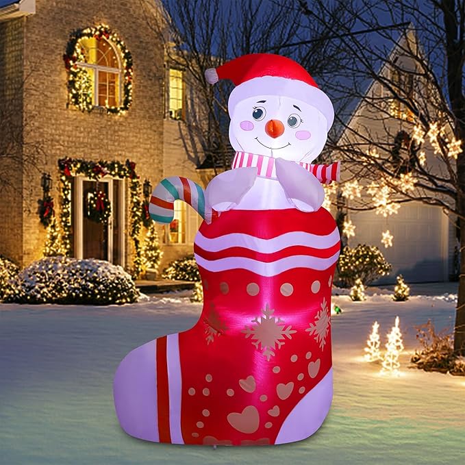 Juegoal Christmas Inflatables Outdoor Decorations, 5FT Inflatable Snowman in Xmas Stocking, Lighted Blow Up Snowman Standing on Christmas Socks with Built in Lights for Holiday Lawn Yard Garden Decor