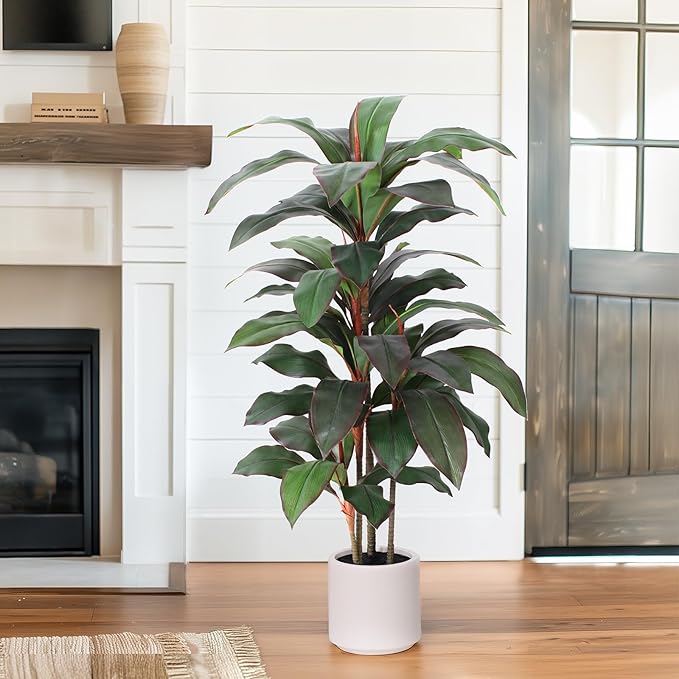 Artificial Dracaena Plant Indoor 4 FT, Fake Tree with White Planter, Faux Yucca Silk Floor Plants Indoor, Artificial Trees for Home Office Decor Indoor Outdoor Housewarming Gift