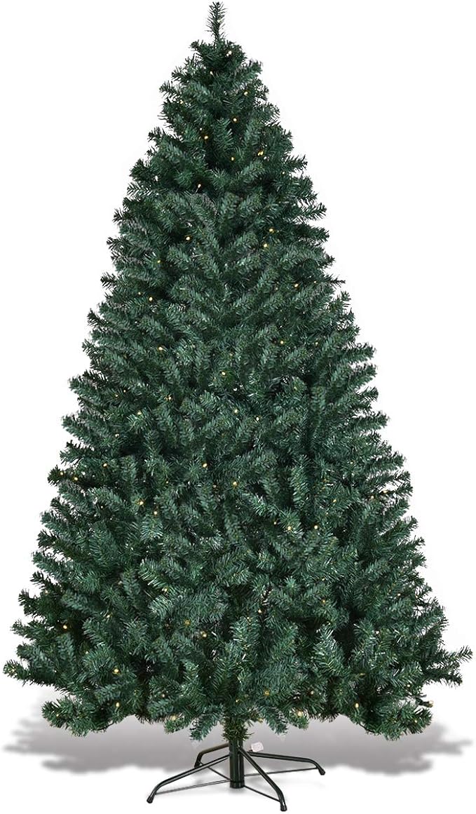 HAPPYGRILL 7FT Pre-lit Christmas Tree Artificial Hinged Xmas Tree for Home Holiday Décor Metal Stand PVC Material 300 LED Lights 1096 Branches Easy Setup & Storage