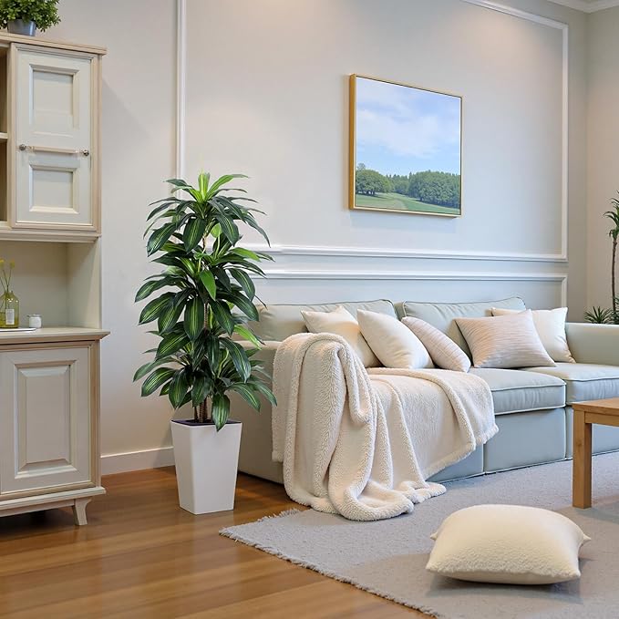 Artificial Dracaena Tree with White Tall Planter, 5ft Tall Potted Artificial Dracaena Silk Plant, Fake Yucca Tree Plant, Home Office Floor Room Decor Plants Indoor Outdoor, Housewarming Gift