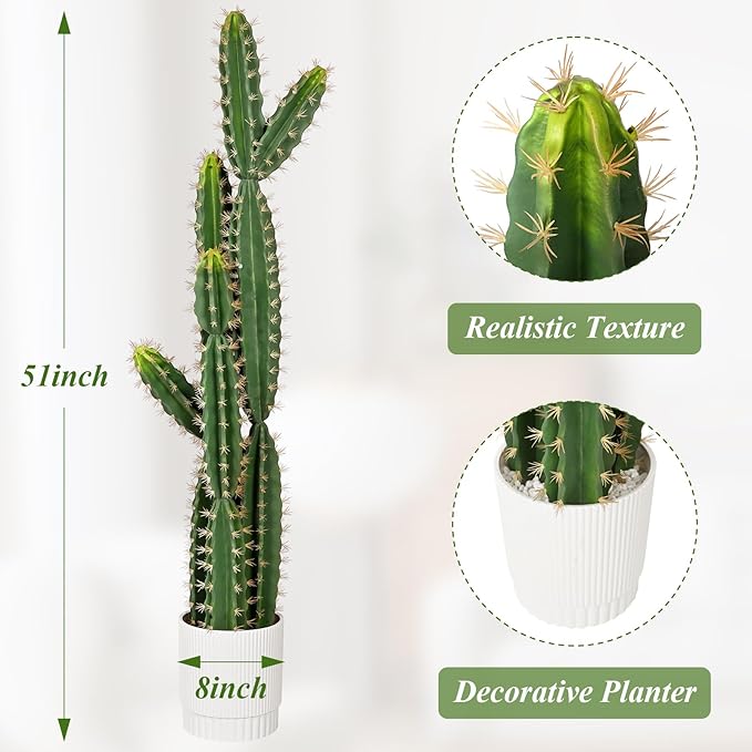 51 Inch Tall Artificial Cactus Plant, Large Realistic Faux Cactus with Planter, 4.3FT UV Resistant Fake Cactus Tree for Outdoor & Indoor Decor