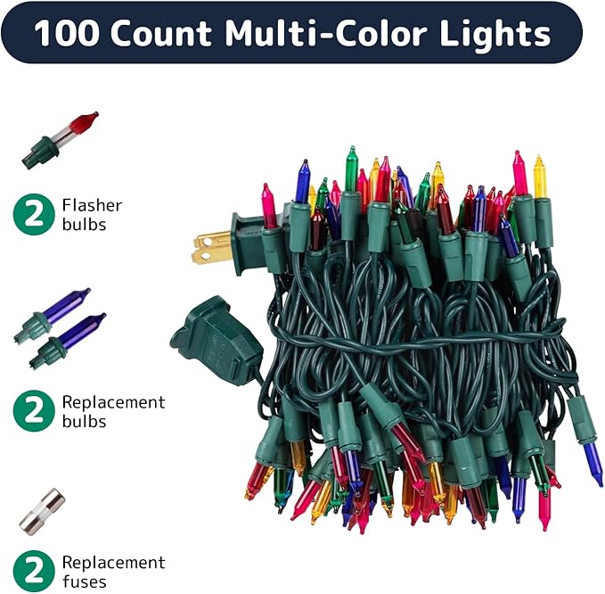 PREXTEX Christmas String Lights with Green Wire - 100 Count, 20 Ft Multicolored Christmas Tree Lights for Xmas Decorations Indoor and Outdoor - Warm Fairy String, Ideal for Patios, Fences, Holidays