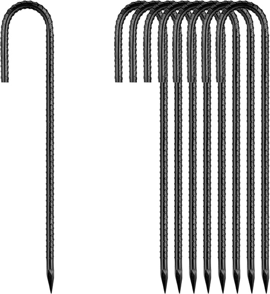 Rebar-Stakes-12Inch,J Hooks Ground Stakes Anchors for Gardening Black Coated Ground Stakes 10pcs Anti-Rust Heavy Duty Dog Fence Fixed Water Pipes Soccer Goals Tent Camping Trampoline