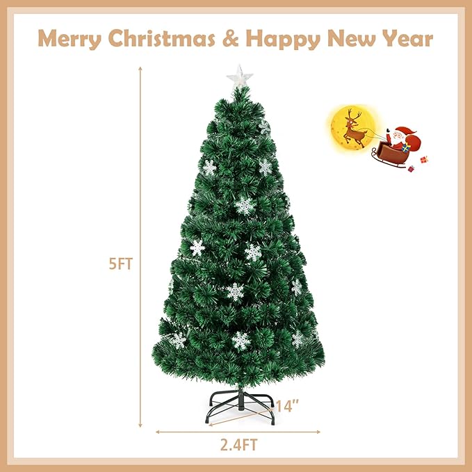 Goplus 5ft Pre-Lit Fiber Optic Christmas Tree, Artificial Xmas Full Tree with Colorful Snowflake LED Lights, 170 Branch Tips, Foldable Metal Base, for Office Home Holiday Decor