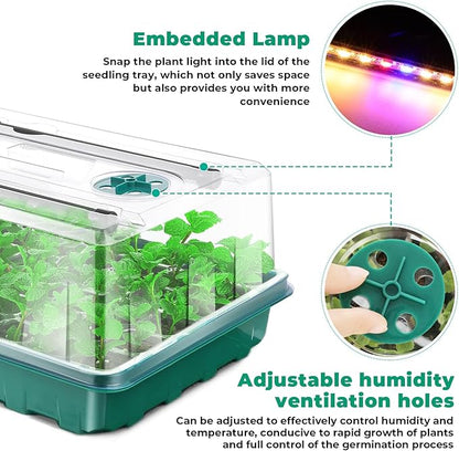 Seed Starter Tray with Grow Light, Flexible Silicone Seedling Starter Kit, 48-Cell Seed Growing Tray, Seed Starting Trays Plant Starter Kit, Reusable Indoor Gardening Plant Germination Trays (2)