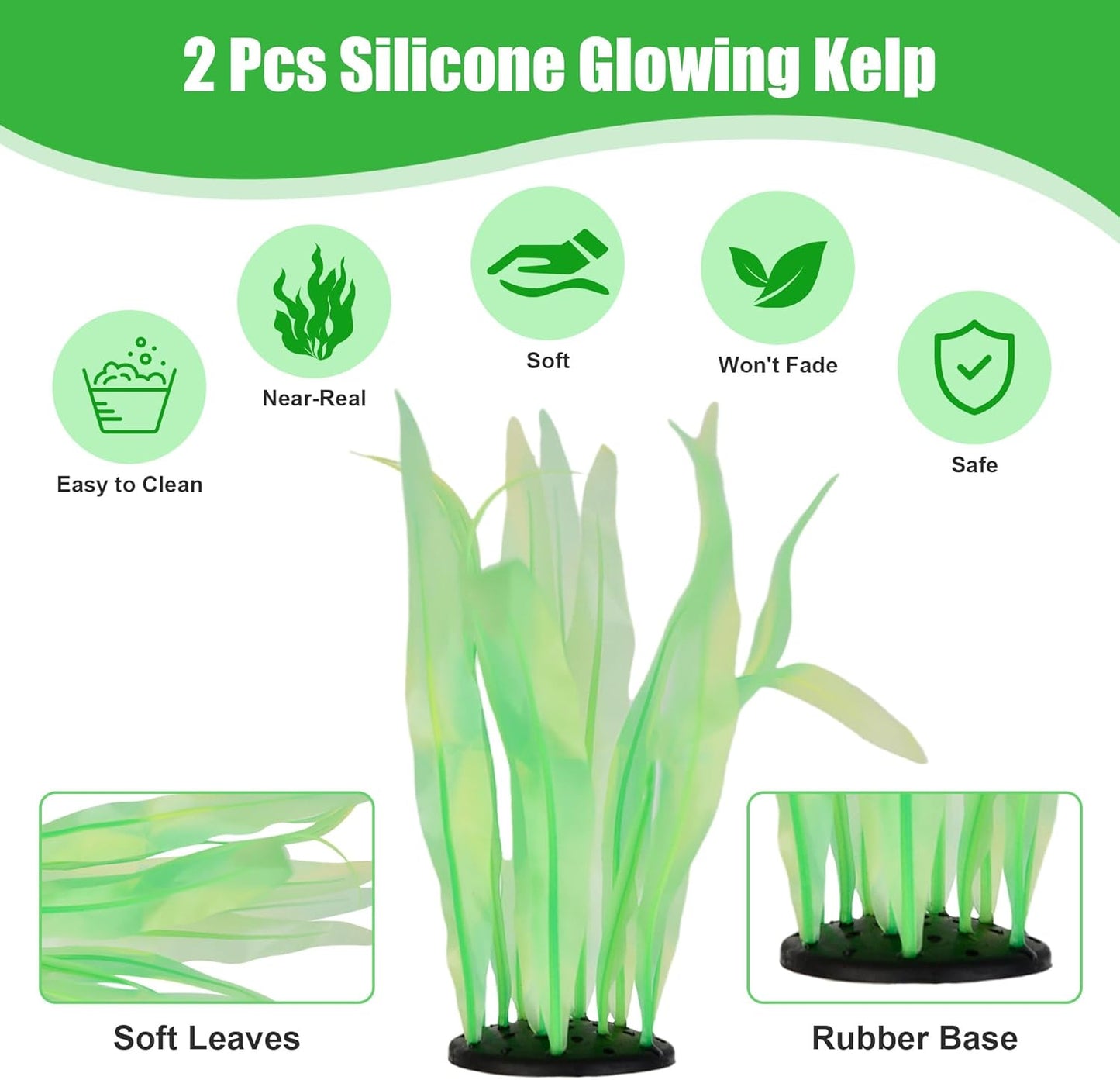 Kaiyuan Dynasty 2pc Artificial Fish Tank Plants Aquarium Decoration Plants Silicone Glowing Kelp Ornament Fish Tank Decor Aquarium Plant Aquatic Water Grass,7inch,Green