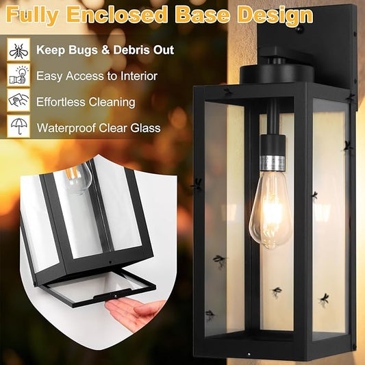 20" Large Dusk to Dawn Outdoor Wall Lantern with Closed Bottom - Black Outdoor Porch Lantern Wall Mounted, Waterproof Modern Outside Wall Sconce Coach Lamp for House, E26, 2 Packs