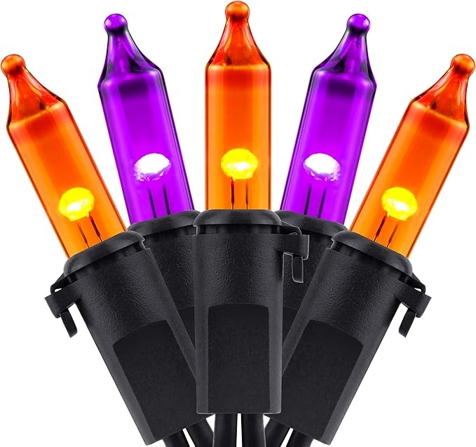 YULETIME 100 Count Orange & Purple Christmas Lights, 33 Feet Black Wire UL Certified Incandescent-Like LED Mini String Lights