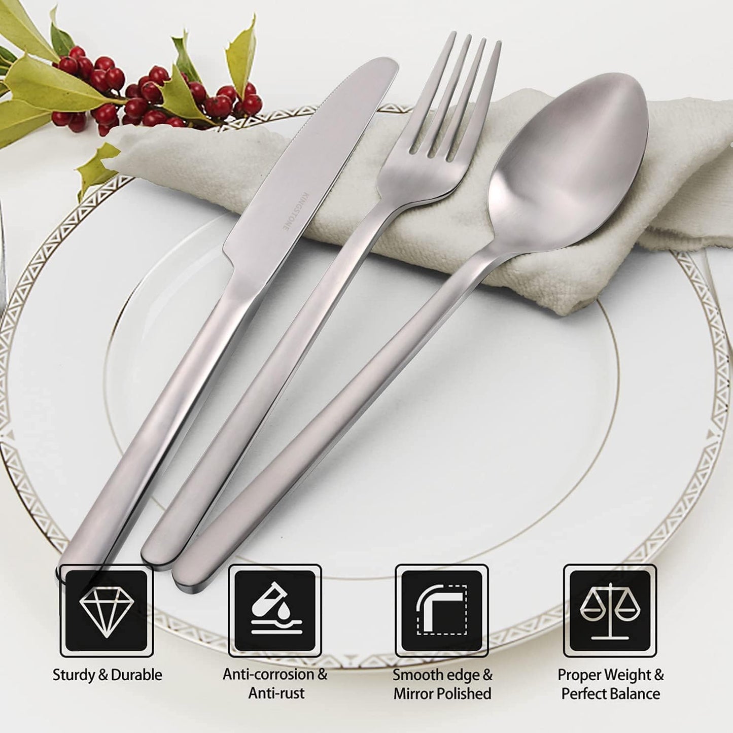 KINGSTONE 30 Pieces Silverware Set, Flatware Cutlery Set for 6, 18/10 Stainless Steel Silverware Utensils Minimalist Design Dishwasher Safe, Matte Silver