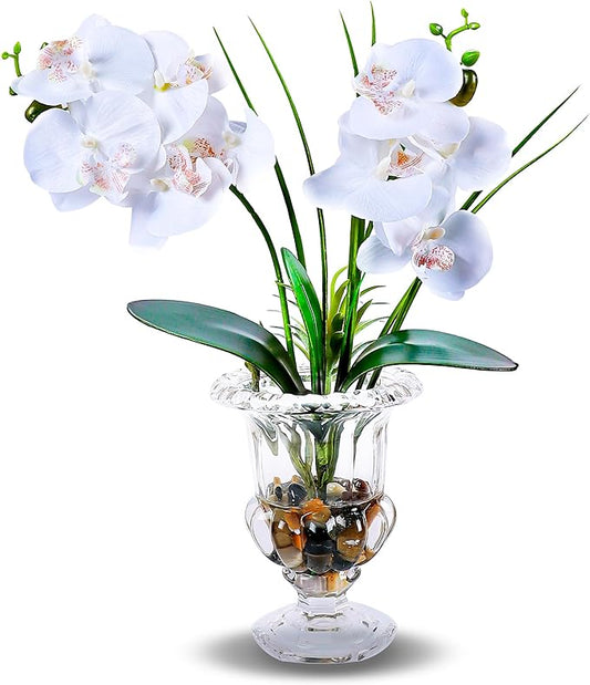 Jusdreen Artificial Orchid Centerpiece with Glass Vase, 14.5 Inch Lifelike Phalaenopsis Bonsai for Home Office Table Decor, White Orchid Arrangement with Potting