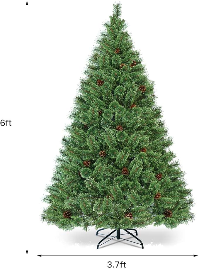 HAPPYGRILL 6FT Pre-Lit Hinged Christmas Tree Artificial Pine Tree with 484 Tips & 260 LED Lights, 49 Pine Cones & Foldable Metal Stand, Holiday Decoration Xmas Tree for Home and Shop
