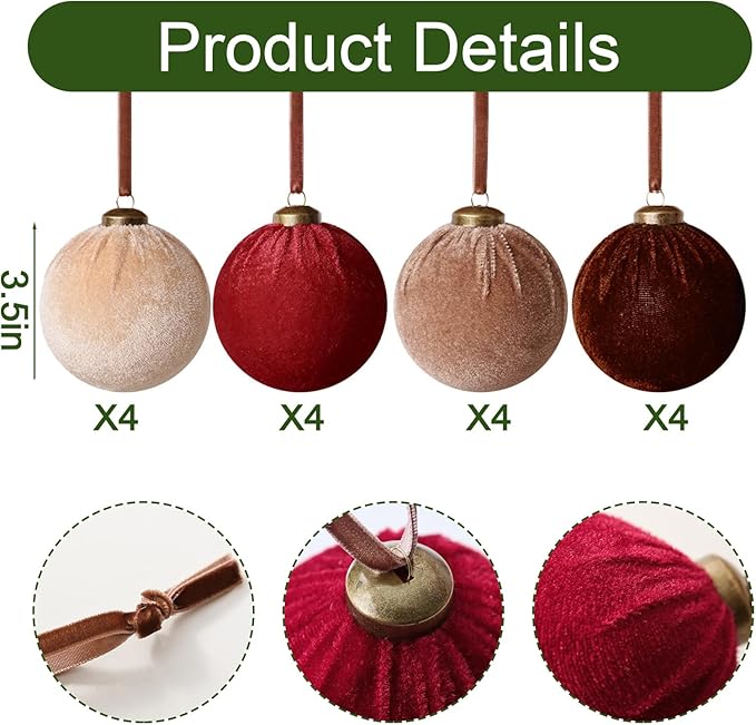 Christmas Decorations Indoor Tree Ornaments: 16pcs Large Red Brown Velvet Christmas Decorations, 3.15" Red Brown Beige Xmas Ball Ornament Decor for Tree Fireplace Garland, Kids Home School Office