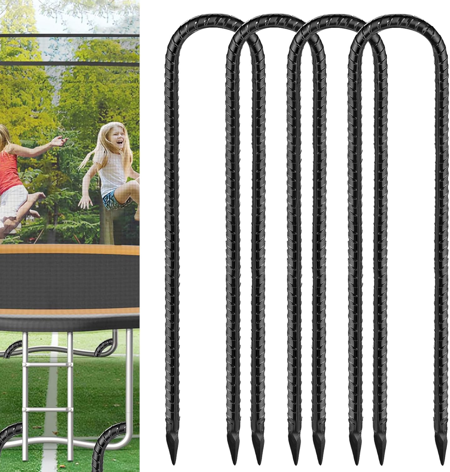 Black Trampoline Stakes Anchors High Wind 12inx6mm Galvanized U Hook 4pcs Rebar Stakes – Heavy Duty Ground Anchors for Trampoline,Yard & Inflatable,Landscape Metal Stakes for Outdoor Decorations