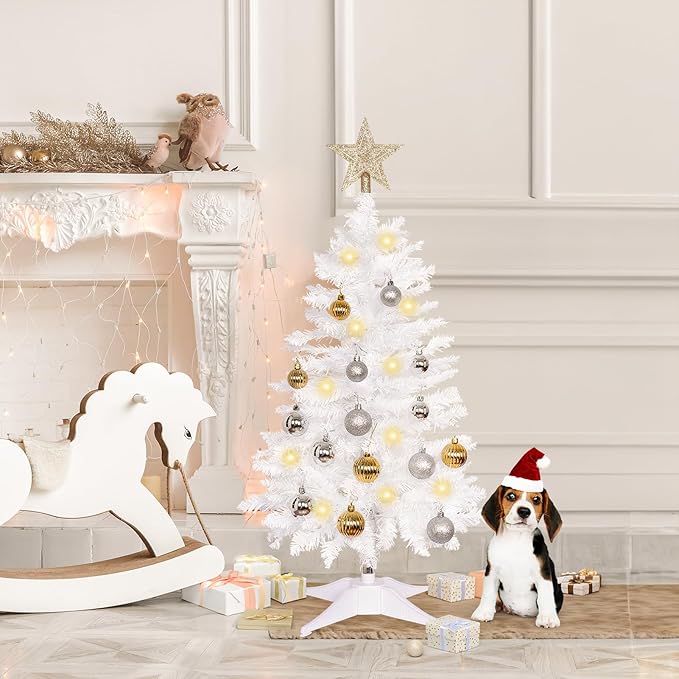 Sunshine White Christmas Tree with Light 3ft Artifical Full Christmas Tree with Ball & Star Ornaments 8 Lighting Modes for Holiday Decor