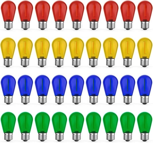 36 Pack LED S14 Colored Light Bulbs for Outdoor String Lights, Shatterproof 1W Replacement Bulbs for Party Lights, 2200K Warm White, Dimmable, E26 Base, Multi-Color: Red/Green/Blue/Orange