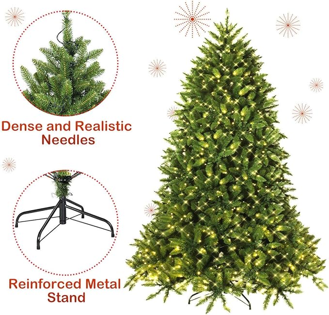 Goplus 7.5ft Prelit Christmas Tree, Premium Hinged Artificial Fir Tree, with LED Lights and Metal Stand, Easy Assemble, Xmas Decor for Home