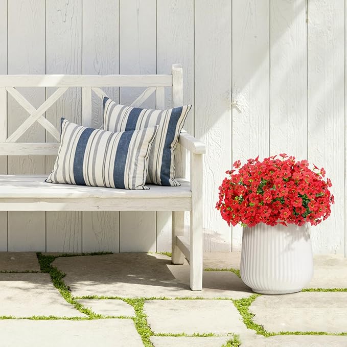 Lifewit Artificial Flowers for Outdoor Indoor, 12 Bundles Plastic Fake Flowers Daisy with Eucalyptus Leaves for Home Garden Decor, Porch, Window Box(Red)