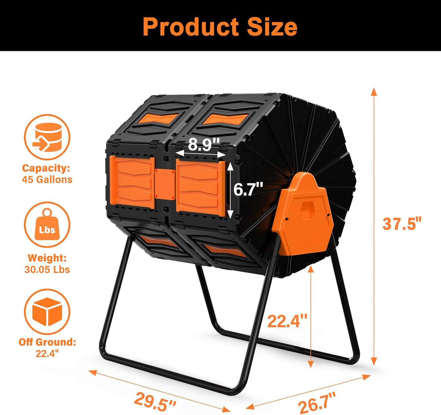 Compost Tumbler, Easy Assemble & Efficient Outdoor Compost Bin, 45 Gallon/170 Liter Large Dual Chamber Rotating Composter for Garden, Kitchen, and Yard Waste, Orange Door