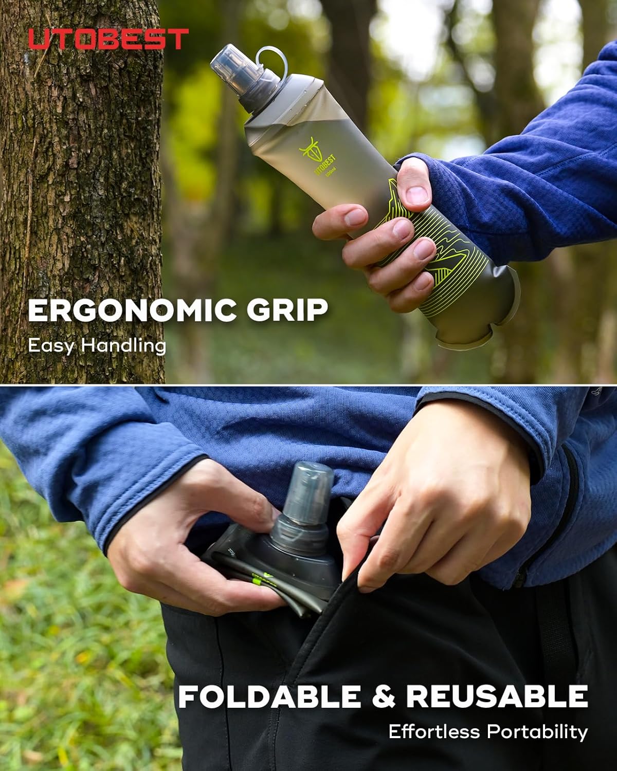 UTOBEST 500ml Soft Flask, 2 Pack Flexible TPU Hydration Water Bottle, Collapsible with 28mm Caliber for Running, Hiking, Cycling, Climbing, and Marathon Green