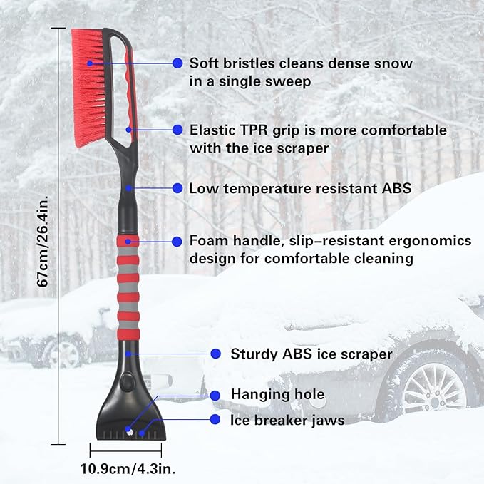Snow Brush and Ice Scraper for Car Windshield,26.4" Window Scraper Deicer for Car SUV and Truck,Ice Scrapers and Brushes 2 in 1,Winter Car Automotive Exterior Accessories(2Pack Red)