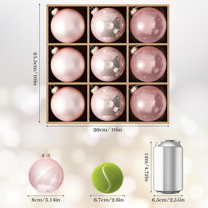 DN DECONATION Christmas Tree Decorations Ball, Pink Glass Christmas Ball Ornaments Set of 9, 3.14” Xmas Tree Clear Hanging Ornaments for Home Wedding Holiday Party Decor Gifts