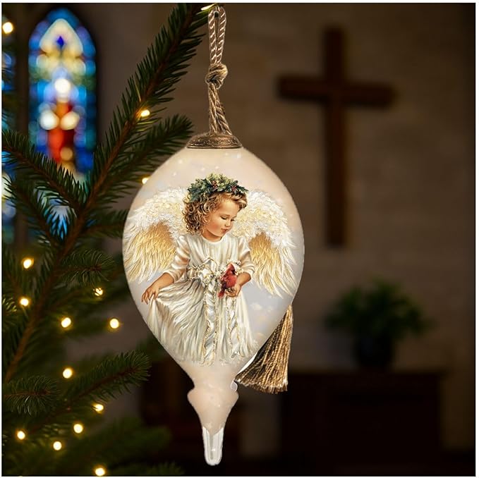 Winter Angel Ornament – Hand-Painted Glass Christmas Ornament – “Peaceful Messenger” Angel with Cardinal Christmas Tree Decoration