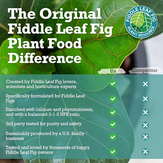 Fiddle Leaf Fig Plant Food – 3‑1‑2 Balanced NPK Liquid Fertilizer for Larger Leaves, Stronger Roots & Steady, Vibrant Growth | Suitable for All Ficus Including Ficus Lyrata | Made in USA | 8 oz