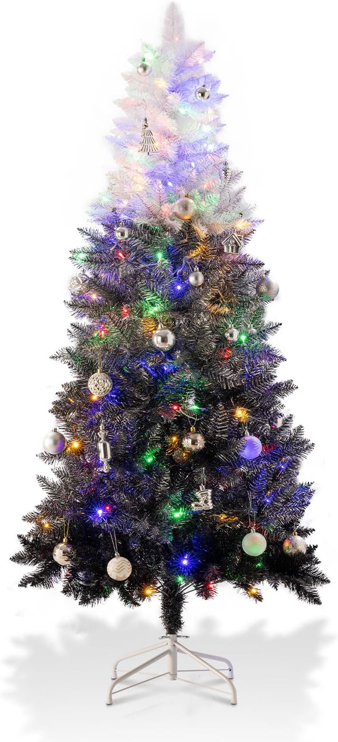 6ft Prelit Black Gradient Artificial Christmas Tree with 150 Multi-Color LED, 4 Color 8 Mode, Flocked Hinged Xmas Tree with 1000 Realistic Branch, Easy Assembly for Home Holiday Decoration