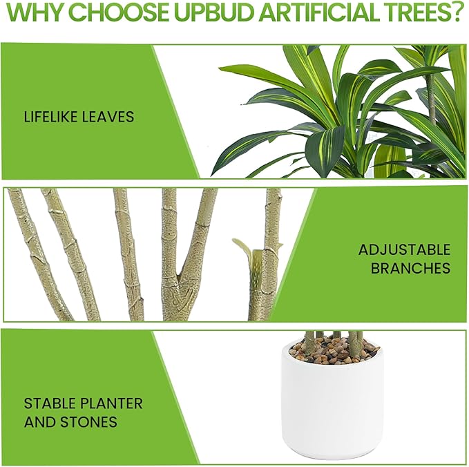 6FT Artificial Dracaena Tree, Faux Dracaena Plant with Stones in White Round Planter, Tall Fake Floor Plant for Indoor Home Office Living Room Decor