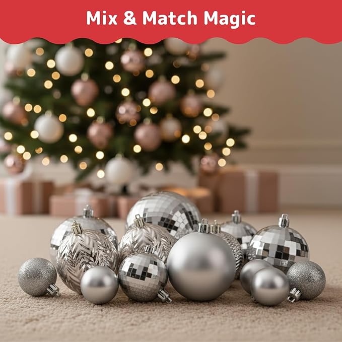 Prextex 36pc Silver Christmas Ornaments Set - Shatterproof Christmas Tree Ornaments in 3 Sizes and 6 Styles - Hanging Balls with Loops in Matte, Shiny, and Glitter Finishes for Indoor-Outdoor Display