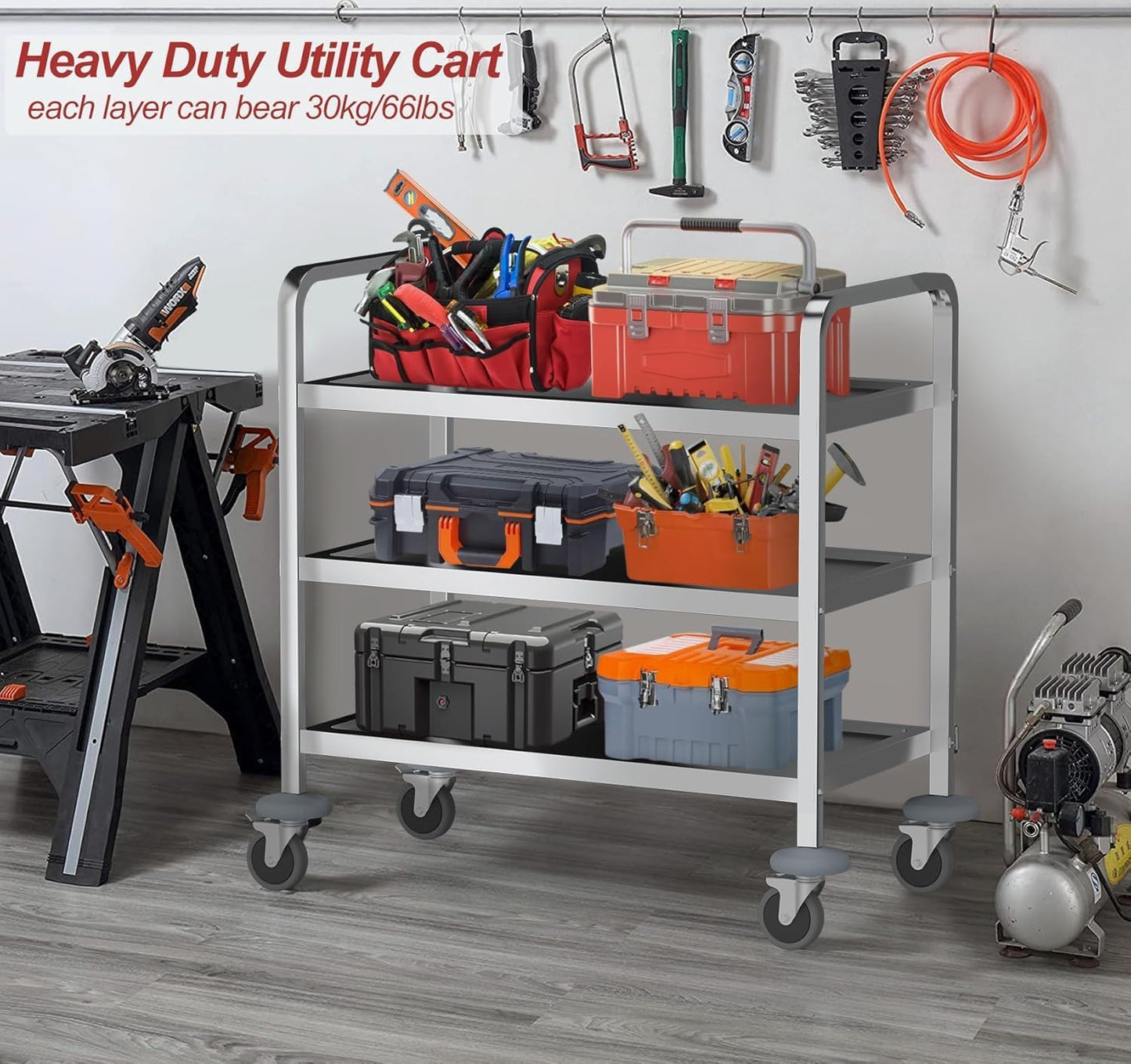 tonchean Extra Large 3 Tier Stainless Steel Cart 37.4 x 19.7 x 37.4 Inch Kitchen Trolley Cart Serving Cart Kitchen Utility Rolling Cart Service Catering Storage Cart with Locking Wheels