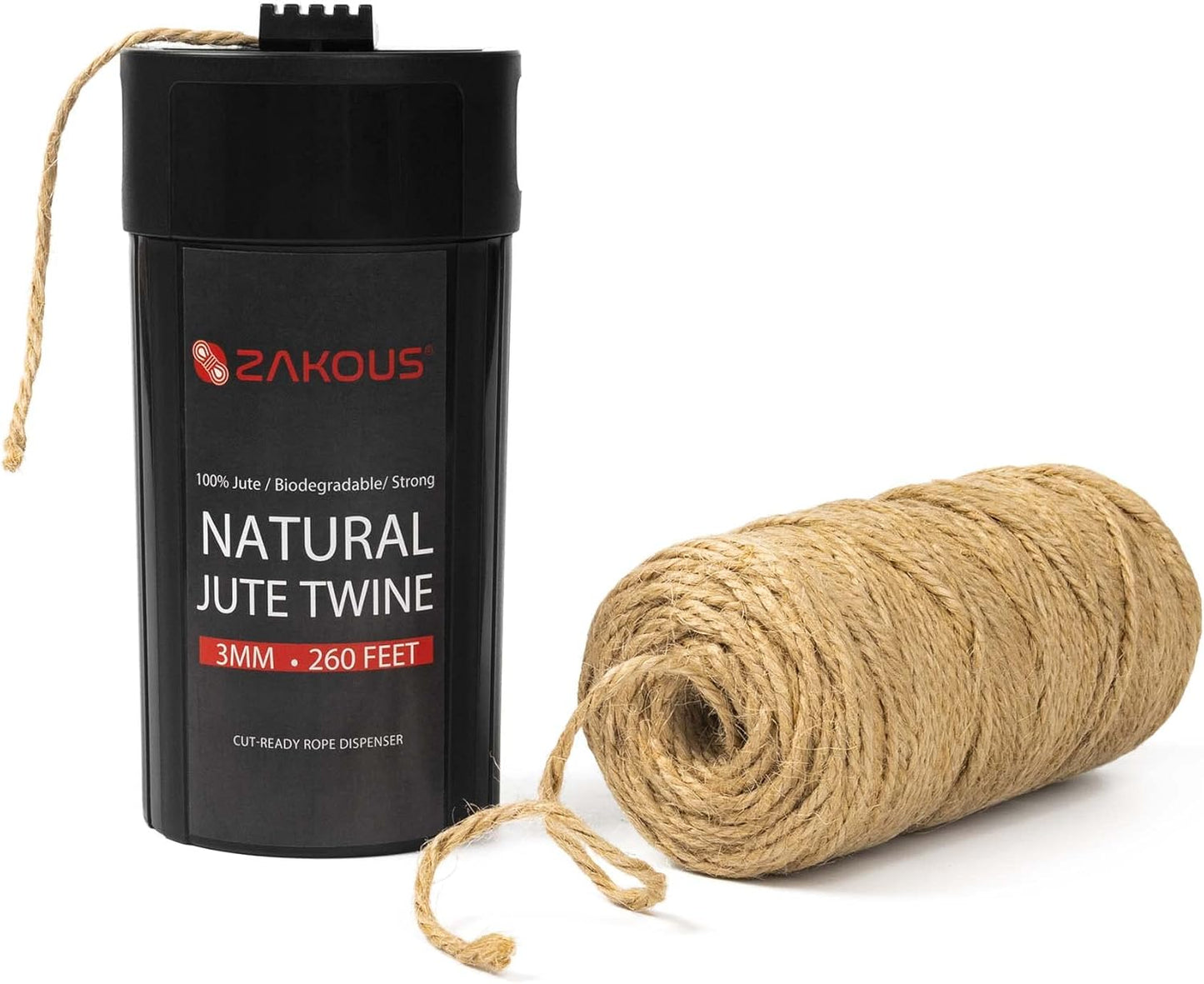 Cut-Ready Rope Canister with 260 Feet Non-Tangle Natural Jute Twine, 3MM Strong Twine String for Crafts, Gift Wrapping, Packing, Gardening and Wedding Decor(3mm x 260ft)