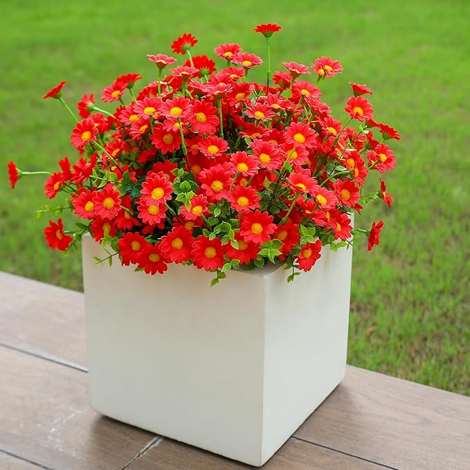 Burgundy Fake Flowers Outdoor 8 Bundles Red Artificial Daisy Plants Outside for Yard Front Porch Planter Decor (8 Bundles Red)