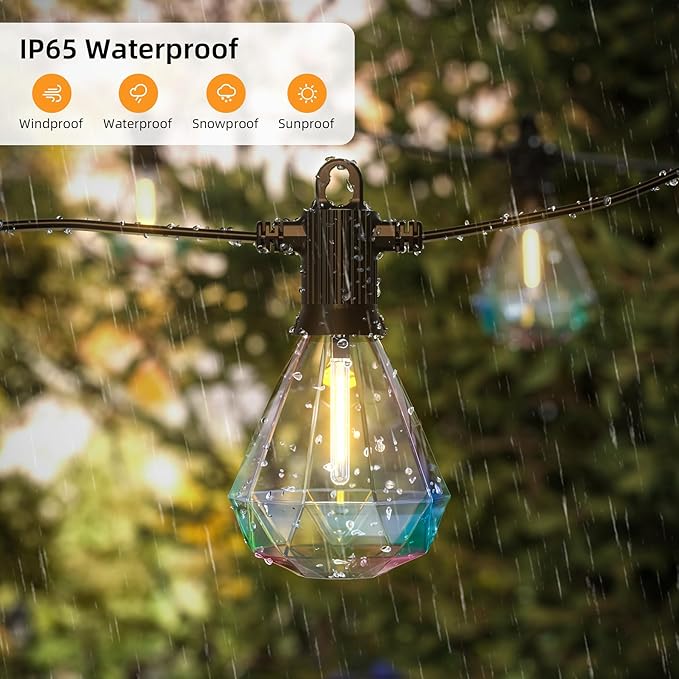 50FT Outdoor String Lights LED Patio Lights String with 25Pcs Shatterproof Diamond Bulbs IP65 Waterproof Heavy Duty LED Porch String Lights for Outside Porch Yard Garden Party Bistro