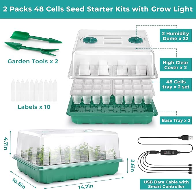 96 Cells Seed Starter Tray with Lights, 2 Packs Seed Starter Kit with Humidity Vented Domes and High Lid, Adjustable Brightness Germination Kit for Indoor Greenhouse Seed Starter