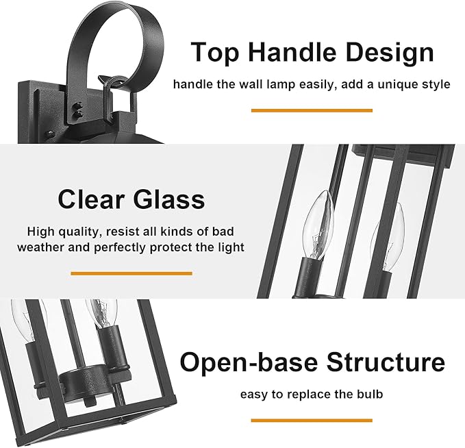 Porch Lights Outdoor Wall Light Fixtures Wall Mount, Modern Exterior Lighting Fixtures with Clear Glass Waterproof, 2-Light E12 Sockets Outside Garage Lights for House Patio Porch