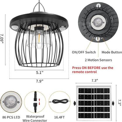 Solar Shed Lights with 2 Motion Sensors, Classic Metal Solar Chandelier Outdoor with 5 Lighting Modes, Waterproof Pendant Lamp with Remote Control for Gazebo, Garden, Patio, Barn(16.4FT Cord, 2 Pack)