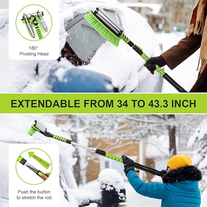 Yougfin 43" Ice Scraper for Car Windshield, Snow Brush with Squeegee, 3 in 1 Snow Removal for Cars with Foam Grip and 180° Pivoting Brush Head for Auto Truck SUV