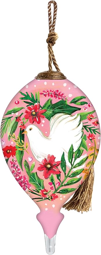 White Dove Ornamen – Hand-Painted Pink Glass Christmas Ornament for Tree– Peace Dove Holiday Decoration – Teardrop Ornament with Floral Wreath