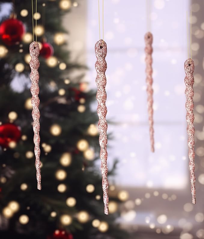AMS Sparkling Glitter Plastic Icicle Ornaments 30 PCS Twisted Icicles Decoration Christmas Tree and Holiday Xmas Party Hanging (5.1'', Pink)