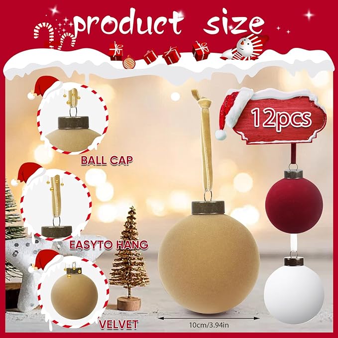 12 Pcs Velvet Christmas Balls Bulk Shatterproof Plastic Christmas Tree Decorations for Decorative Hanging Baubles (12, White、Wine red、Khaki, 3.94Inch)