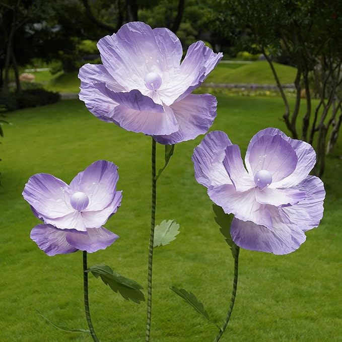 Giant Flowers for Decoration,Large Paper Flowers with Standing Stems and Base,3 pcs Artificial Flowers for Home Decor, Wedding Decorate, Photography Props, Party Banquet (Purple)
