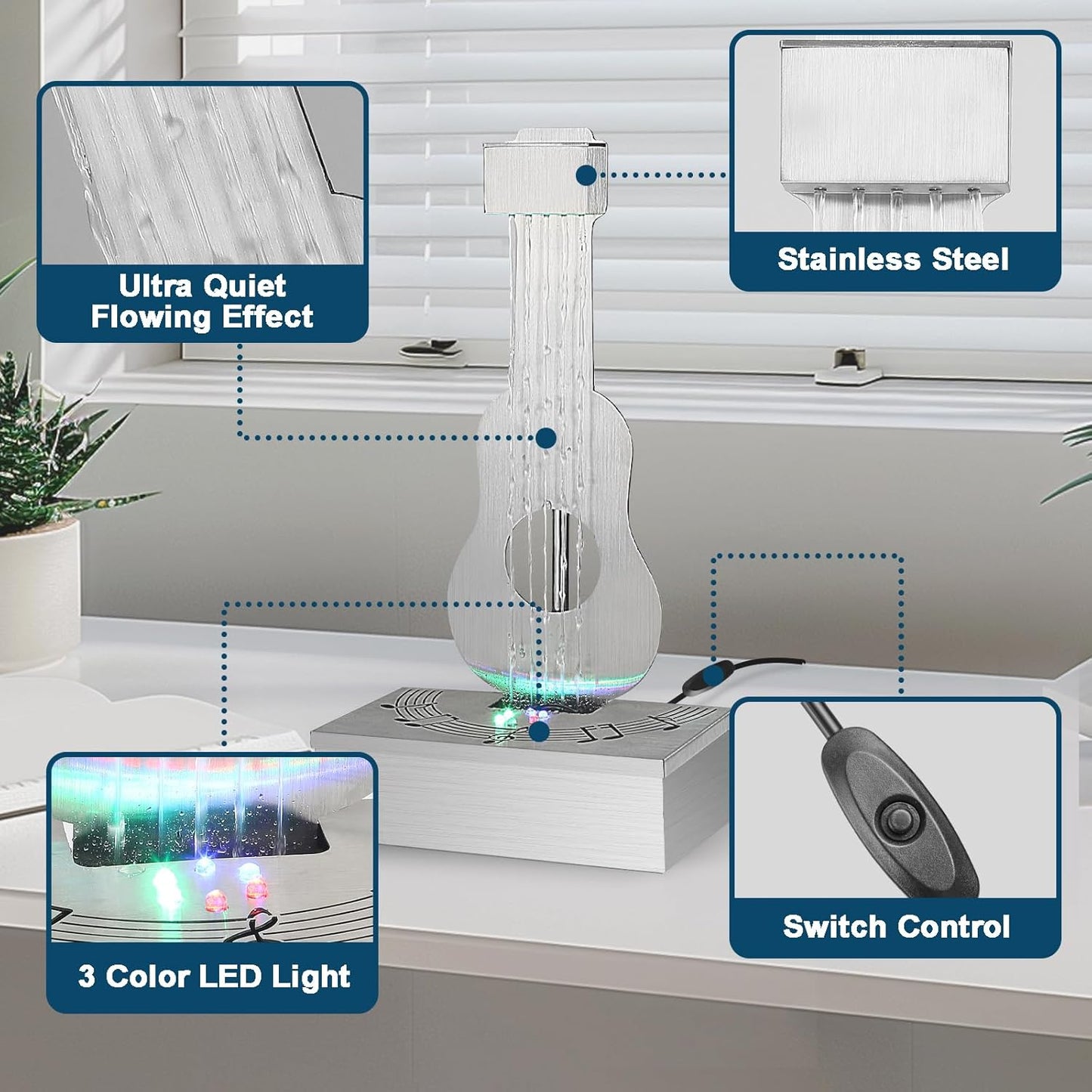 Indoor Tabletop Fountain with 3-Color LED Lights, 304 Stainless Steel Guitar-Shaped Desktop Meditation Waterfall for Home & Office Décor, Relaxing Water Feature Air-Purifying Gift