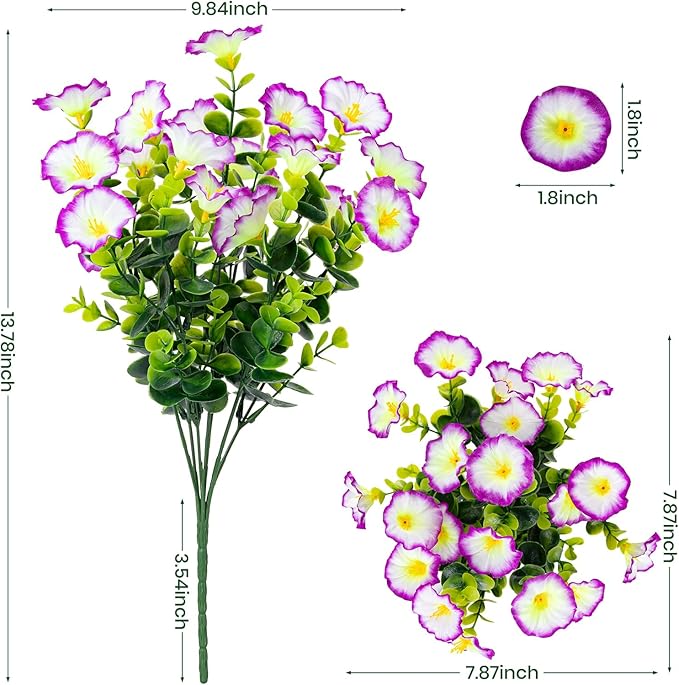 Artificial Faux Flowers for Outdoor 16 Bundles Boxwood Fake Morning Glory for Planter,UV Resistant Fake Flowers for Home Porch Patio Outside（Purple/White）